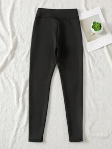 SHEIN Quần legging bó co giãn lót nhiệt màu trơn cho bé gái tuổi teen, mùa thu/đông - màu đen - Xem 2