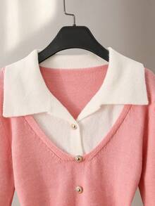 GlowEve Women's Fashionable 2 In 1 Contrast Color Collar Long Sleeve Fitted Waist Soft & Cozy Classic Versatile Fitted Pullover Sweater, Autumn/Winter - Pink - View 4