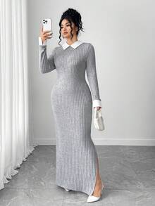 Elenzga Plus Size Elegant Long Sleeve Patchwork Collar Knit Split Dress - Grey - View 1