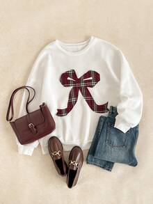 Elaquor بلوزة رياضية فضفاضة مطرزة بفيونكة مربعات مناسبة للمقاسات الكبيرة للنساء، تناسب جميع المناسبات، مناسبة لعيد الميلاد - بيج - مشاهدة 9