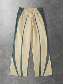 ROMWE MEN Street Life Men's Contrast Color Patchwork Drawstring Waist Pocket Wide Leg Loose Pants - Khaki - View 1