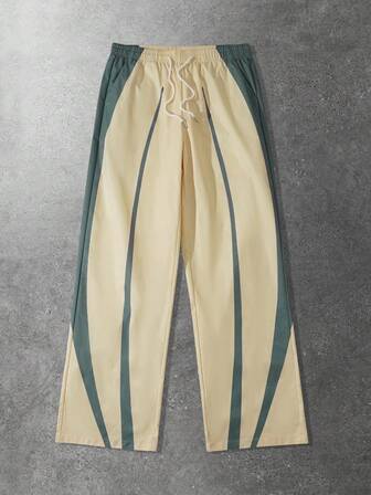 Street Life Herren Kontrast-Farbblock Patchwork Hose mit Kordelzug Taille, Taschen und weitem Bein