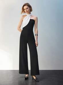 Maija 女士色塊不對稱綁頸連身褲 - 黑與白 - 查看 1