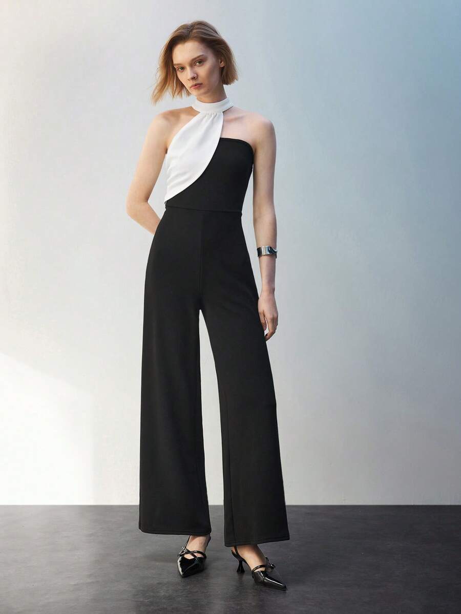 Maija 女士色塊不對稱綁頸連身褲 - 黑與白 - 查看 1