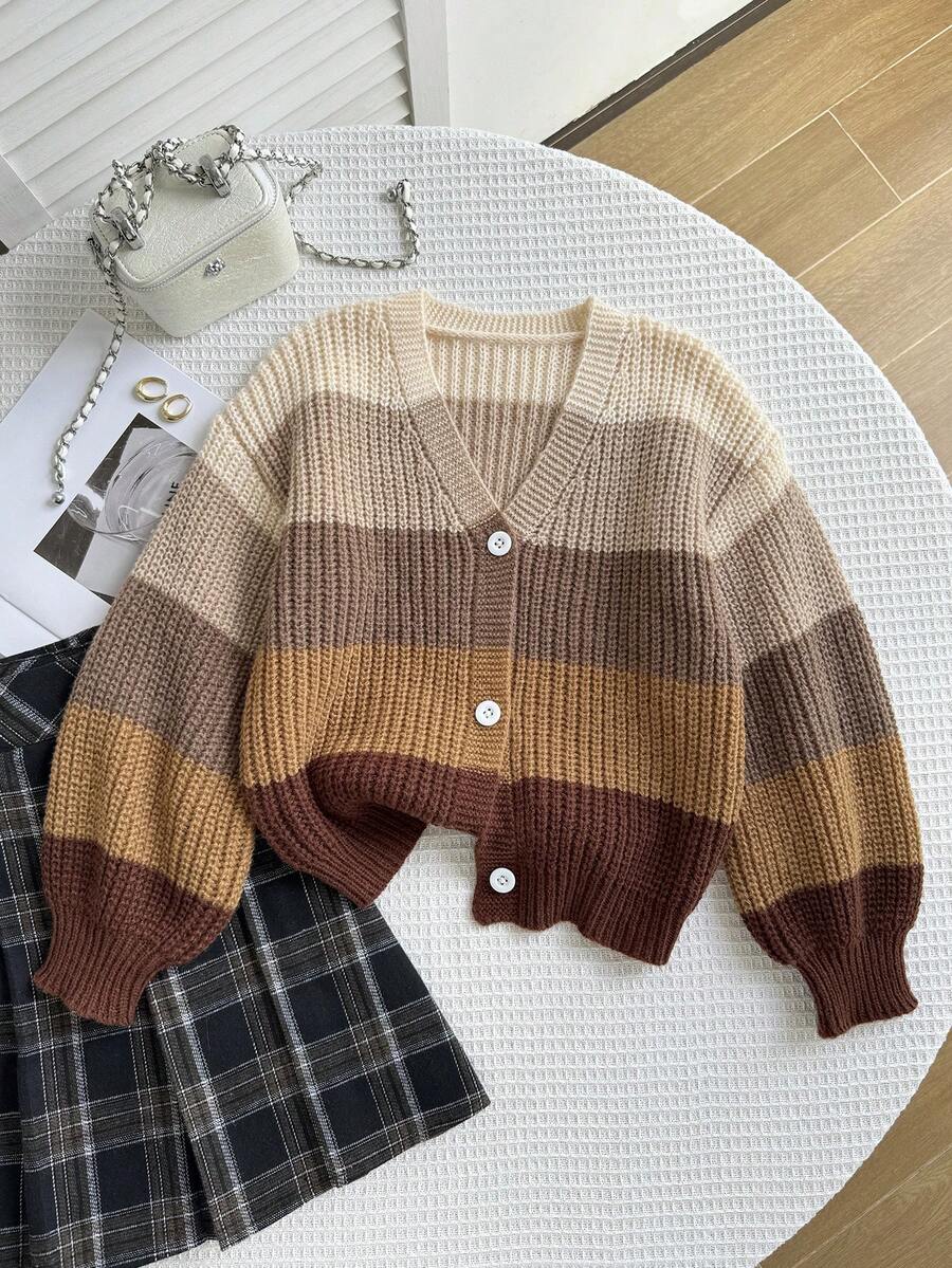 Elladie kids 女童彩虹色开衫，儿童秋冬针织毛衣上衣，时尚百搭 - 卡其色 - 查看 1