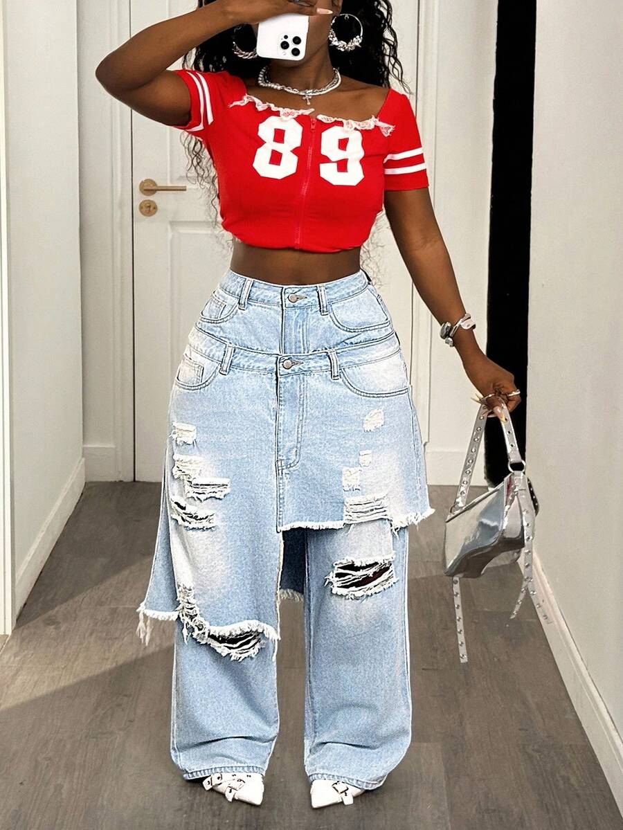 Slaydiva Plus Size Women Asymmetrical Hem 2 In 1 Layered Denim Jeans - Light Wash - View 1