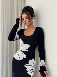 Elenzga Square Neck Jacquard Knit Bodycon Waist Sweater Dress - Black and White - View 5