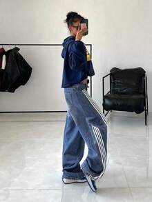 SHEIN Tall Women's Striped Belt Loop Loose Fit Jeans - Blue - View 2