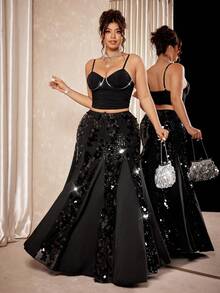 Cravure 大码女士优雅亮片美人鱼裙 – 奢华拼接黑色，新年完美之选 - 黑色 - 查看 6