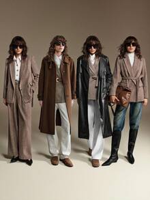 Ontre 2026春夏新款女士休闲通勤简约纯色插肩袖侧袋系带长款羊毛大衣 - 咖啡棕 - 查看 4