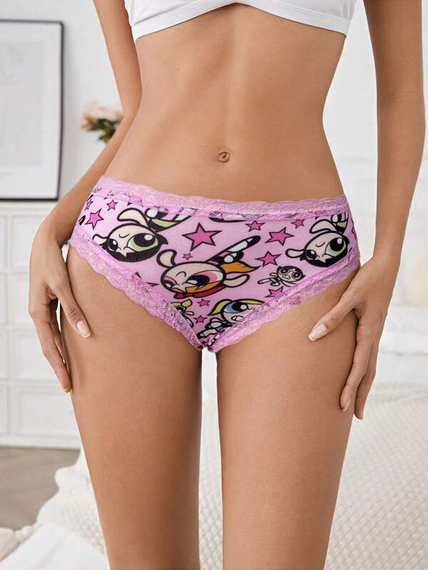 THE POWERPUFF GIRLS X SHEIN Bragas de mujer con lindo patrón de encaje, burbujas y botón de contraste