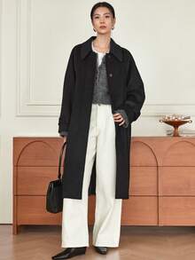 Dazy-Less 女士优雅时尚厚款长款羊毛混纺大衣，商务休闲，秋冬