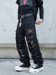 Manfinity Roghcode Black Ripped Denim Jeans For Men Street Casual Avant-Garde Style Long Straight Leg With Zipper Retro Pattern - Black - View 5