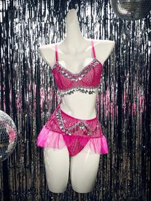 3pcs Fringe Sequin Decor Densely Embedded Crafted Design With Shimmery Pink Mesh Skirt + Underwire Cup Dreamy Sexy Lingerie Set - Hot Pink - View 8