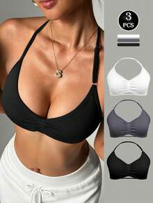 Easithlete 3pcs Women's Sexy Halter Sports Bras, Black, White, Dark Grey, Adjustable Straps, Yoga, Fitness, Casual - Multicolor - View 3