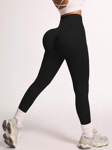 Slayform 2 chiếc quần legging thể thao cạp cao liền mạch màu trơn cho nữ - màu đen - Xem 2