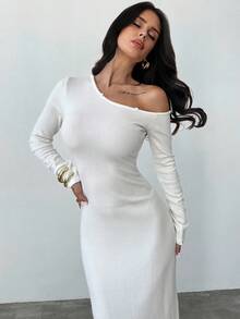 Firerie Vestido de punto asimétrico con cuello y puños de piel sintética blanca desmontables para mujer, ideal para otoño/invierno, vestido de invierno para mujer, ropa de invierno para mujer, vestido de invierno para mujer, ropa de invierno para mujer, vestido de invitada de boda, ropa de mujer para Año Nuevo, atuendo de fiesta, vestido de profesora, vestido de punto hombros descubiertos, para ir a trabajar, elegante, para uso diario, vestido de invierno, atuendo de trabajo otoño/invierno - Blanco - Ver 7