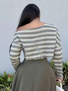 Alexandranx 女士休闲条纹不对称领口长袖衬衫，简约风格，适合日常穿着 - 綠色 - 查看 2