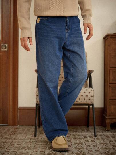 RivetRise Herren blaue Patchwork Kontrast Farbe Loose Fit Weite Bein Jeans