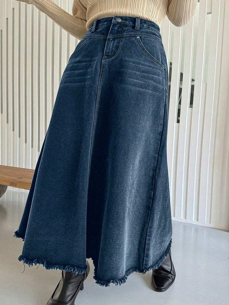 Dazy Plus 水洗猫须毛边A字长款牛仔半身裙，四季皆宜 - 中等水洗藍 - 查看 1