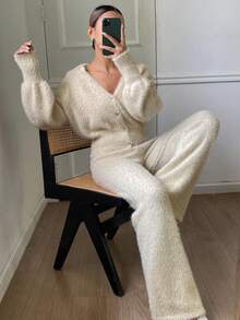 Livesso Bộ đồ hai mảnh áo cổ bẻ và quần dài dệt kim thường ngày cho nữ, mùa thu - Màu be - Xem 4