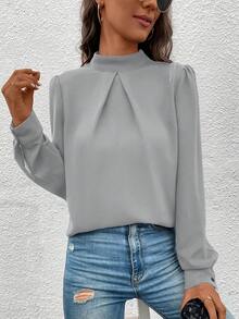 SHEIN LUNE 女士纯色立领长袖宽松休闲衬衫 - 淺灰色 - 查看 6