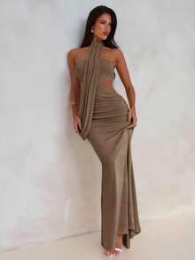Aloruh Women's Spring/Summer Vacation Wrap Asymmetric Flowy Maxi Mermaid Bodycon Dress,For Vacation,Party,Dating - Khaki - View 6