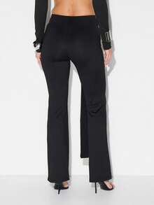 KIZN Sash Draped High Waist Flared Pants For Evening Events And Transitional Season Wear With Elegant Belt Detail - Black - View 2