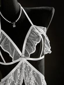 SpicyHot 2pcs Women's Sexy Lace Halter Nightgown Set - White - View 8