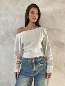 Aloruh 杏色针织不对称肩长袖上衣，秋冬女士 - 杏色 - 查看 3