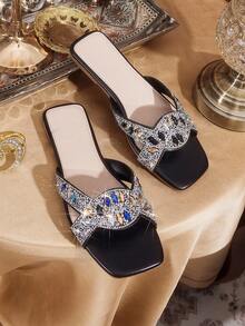 CUCCOO TILAWA Women's Rhinestone Embroidered Pointed Toe Flat Sandals, Outdoor Vacation Beach Slip-On Slippers, Suitable For Dates, Parties, Afternoon Tea, Black