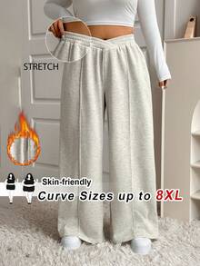 SHEIN CURVE+ Plus Size Women's Grey V-Waist Wide Leg Casual Lounge Pants, Autumn/Winter Baggy