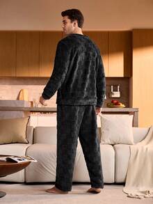 Provexi Provexi Plus Size Men Coral Thermal Crew Neck Long Sleeve Pajama Set, Thickened & Thermal Lined, Autumn/Winter - Black - View 2