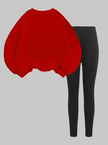 SHEIN EZwear 2 件套休闲宽松圆领运动衫和紧身打底裤，23 号，街头服饰，复古，返校，复古，秋季女士休闲装，秋冬，校服，乡村，嘻哈，街头服饰，运动，健身，健身房 - 彩色 - 查看 7