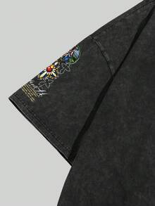 GENIUS ODE 大码男士休闲时尚街头耶稣标语印花落肩宽松水洗 T 恤，夏季 - 黑色 - 查看 5