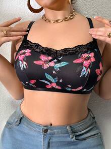 1 件大码女士花卉印花撞色蕾丝无钢圈文胸 - 彩色 - 查看 5