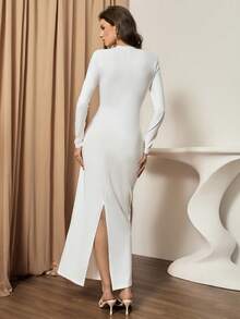 Lyxana Women's Knitted Elastic Fitted Round Neck Long Sleeve Hollow Metal Button White,Autumn,Elegant,Night Out Decor Waist Ankle-Length Straight Dress, - White - View 2