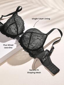 LUVLETTE Plus Full Coverage Breathable Unlined Lace Elegance & Mesh Keyhole Detail Lingerie Lounge Curve Black Sheer Minimizer Bridal Intimates Bra - Black - View 6