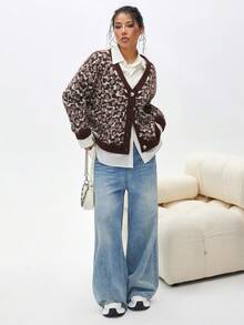 Lunelith SHEIN Lunessa Cardigan de malha feminino, outono/inverno, novo, cáqui, estampa de leopardo, solto, retrô, casual, versátil, moderno, urbano, relaxado, gola V
