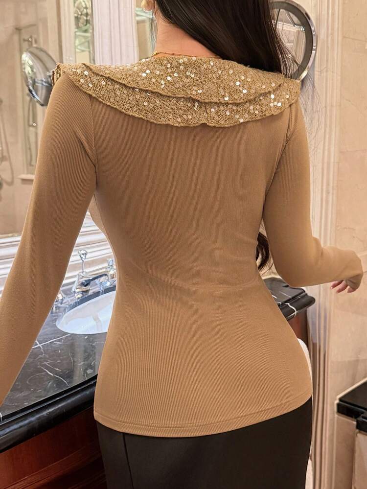 Women's Elegant Sequin Patchwork V-Neck Ruffle Hem Blouse, Autumn Long Sleeve Women