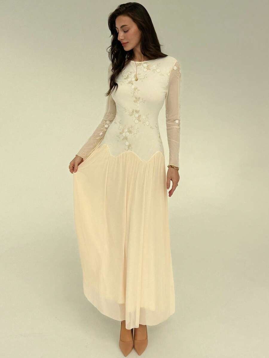 Aloruh Women's Solid Color Embroidered Mesh Patchwork Elegant Long Sleeve Dress - Apricot - View 1