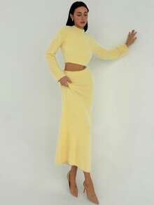 Aloruh Light Yellow Ribbed Tight Crew Neck Long Sleeve Sweater + Tight Long Knit Dress, Stylish Outfit For Young Women - Light Yellow - View 7