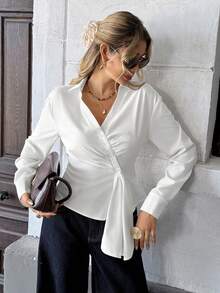 Serisse Damen Einfarbige Kreuz-Wickel Geraffter Vorderseite Knopf Elegante Langarm Bluse - Weiss - Übersicht 3