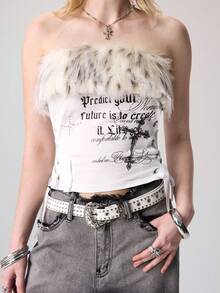 ROMWE Grunge Punk Top tubo de mujer con estampado de letras, decoración de cruz con tachuelas, encaje lateral y diseño romántico punk retro con pelaje, para otoño/invierno como prenda de capa - Beis - Ver 11