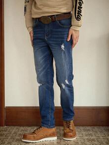 RivetRise 男士休闲水洗做旧锥形牛仔裤 - 深色水洗藍 - 查看 7