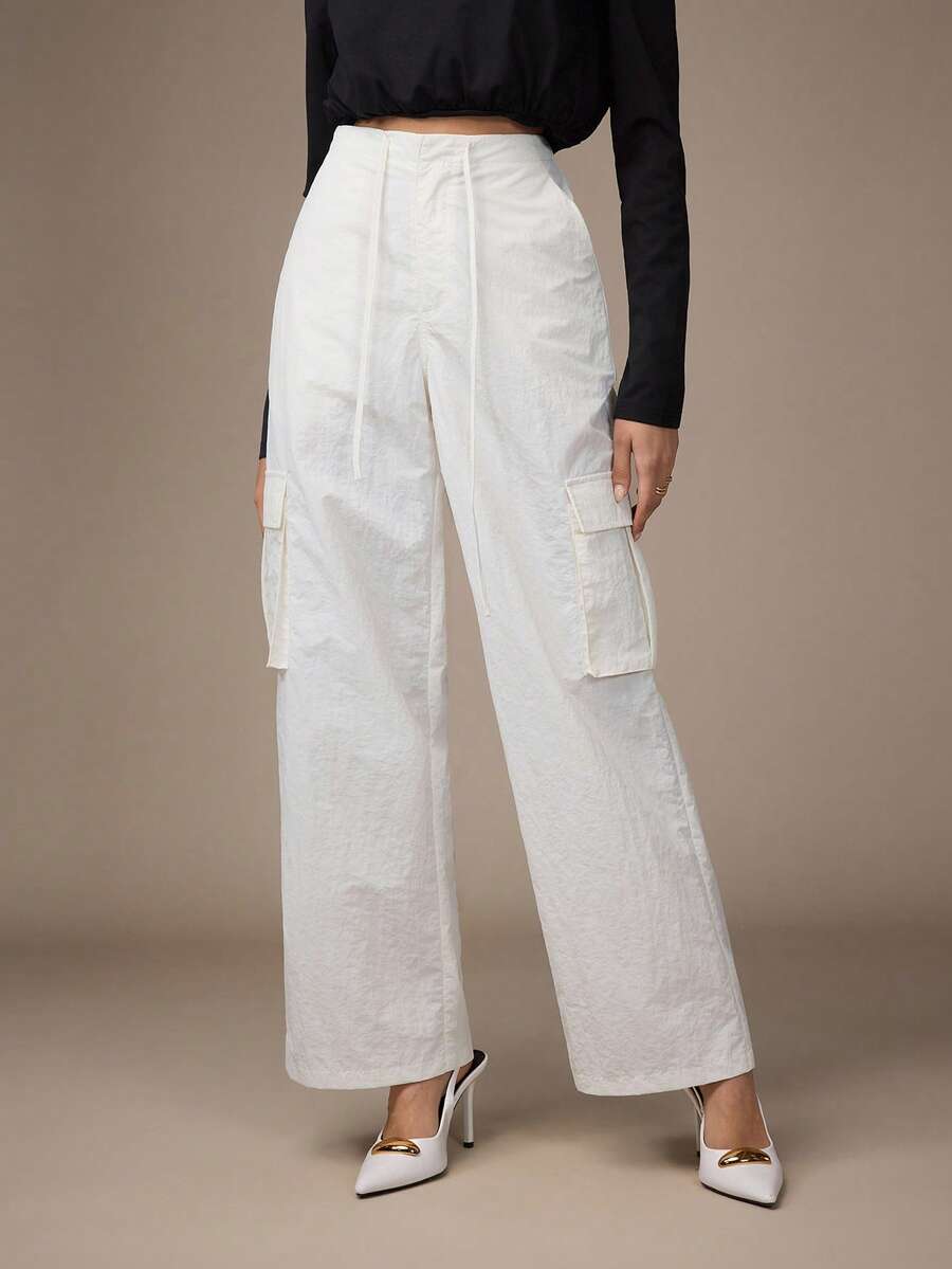 Modelyn Women's Casual Solid Color Flap Pocket Straight Leg Pants, Autumn - White - View 1