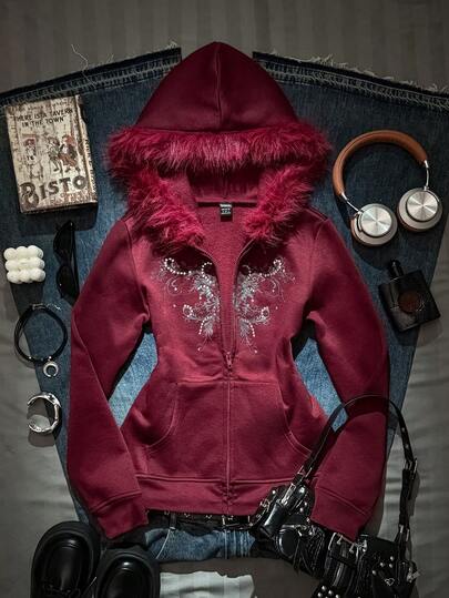 SHEIN EZwear Damtröja med blommönster och strass, luddig krage och dragkedja framtill, höst-/vintertröja för kvinnor, tröjor för kvinnor, vinterkläder för kvinnor, röd tröja, tröja med fuskpäls, tröja med pälsdetaljer, röd tröja för kvinnor