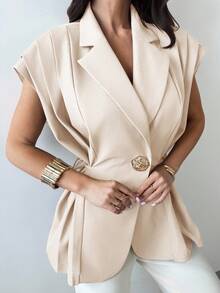 Firerie 女士新款休闲优雅百搭金属纽扣亚麻棕色薄西装外套/仿亚麻西装外套/褶皱领带上衣/商务休闲女装/女士教师装/女士复古服装/秋冬女士办公室服装 - 杏色 - 查看 7