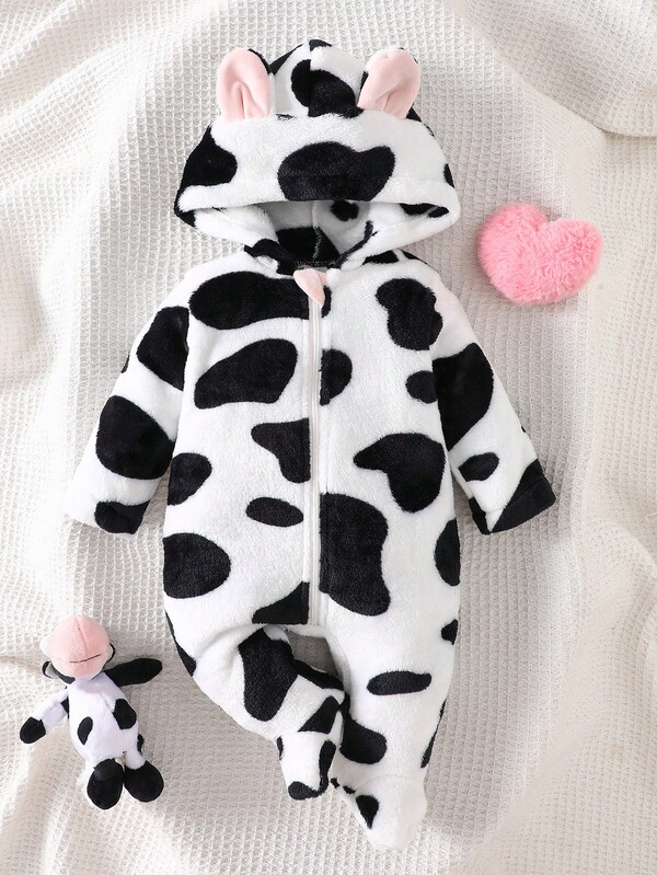 Macacão longo de mangas longas com capuz e estampa de vaca, roupas de descanso simples e fofas para recém-nascidos