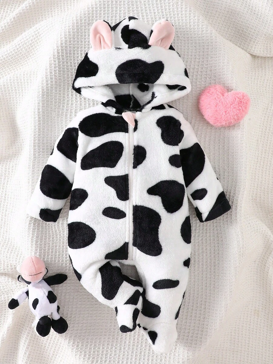 新生儿简约时尚可爱奶牛印花长袖连帽长款连体衣家居服 - 彩色 - 查看 1
